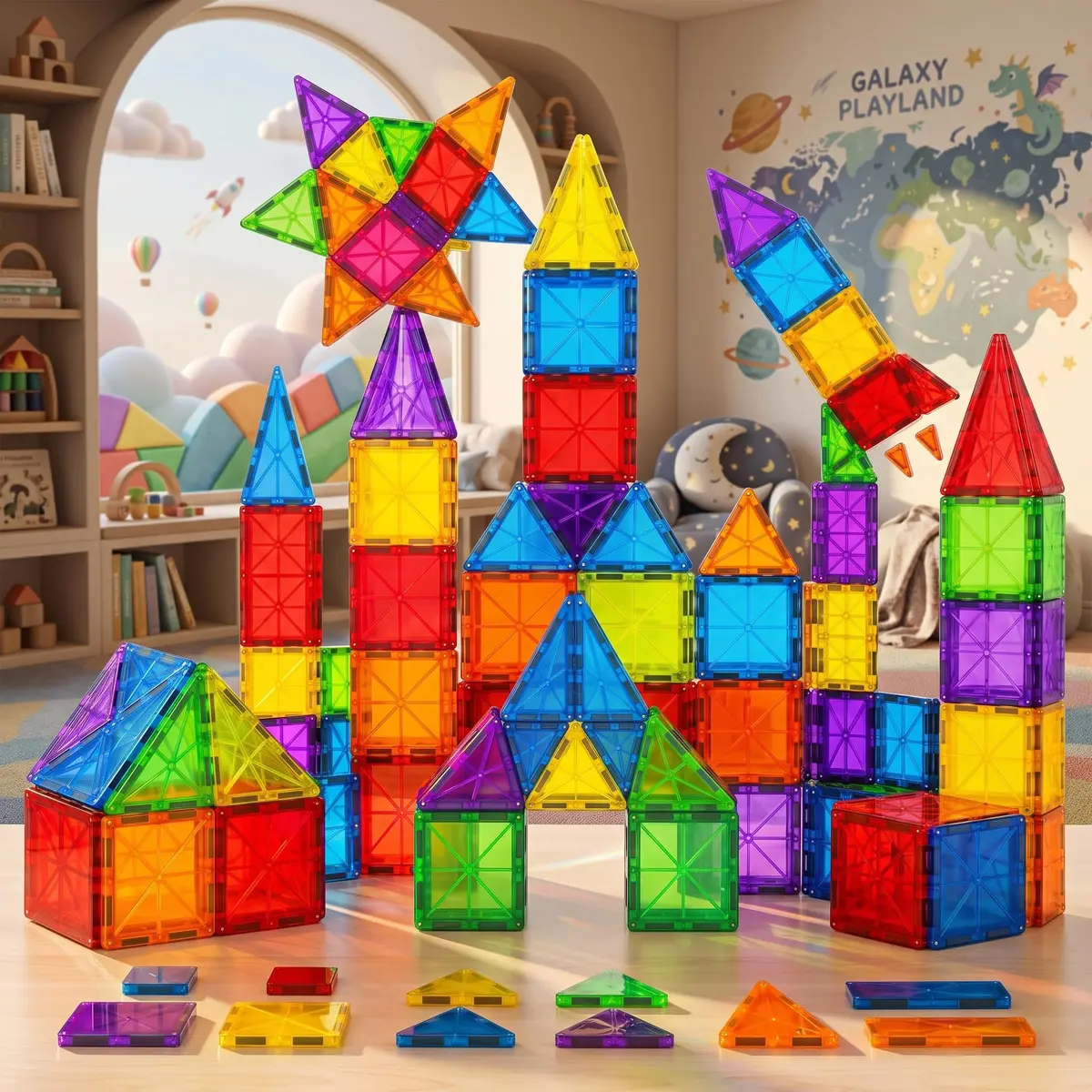 Blocos Magnéticos de Montar 56 Peças Infantil Construção 3D Magnética Educativa Brinquedo STEM Desenvolve Raciocínio Lógico, Coordenação Motora e Criatividade Presente para as crianças +5 Anos