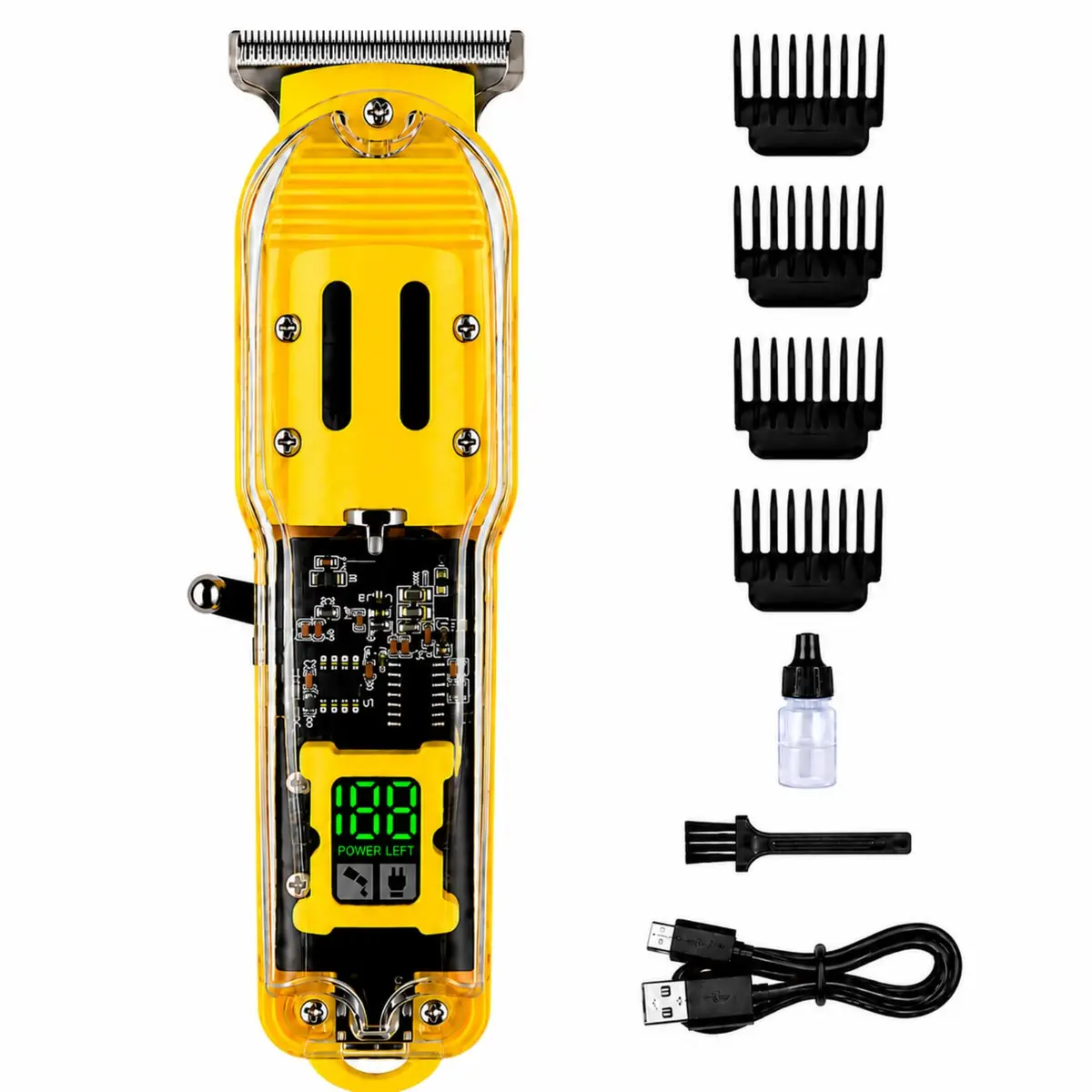 Maquina de Cortar Cabelo, Cortador de Cabelo USB, Máquina de Cortar Cabelo, Maquina Cortar Cabelo Sem Fio, Transparente Corpo Aparador Barba, Equipado com Uma Tela de Exibição de LED com 4 Pentes-Guia