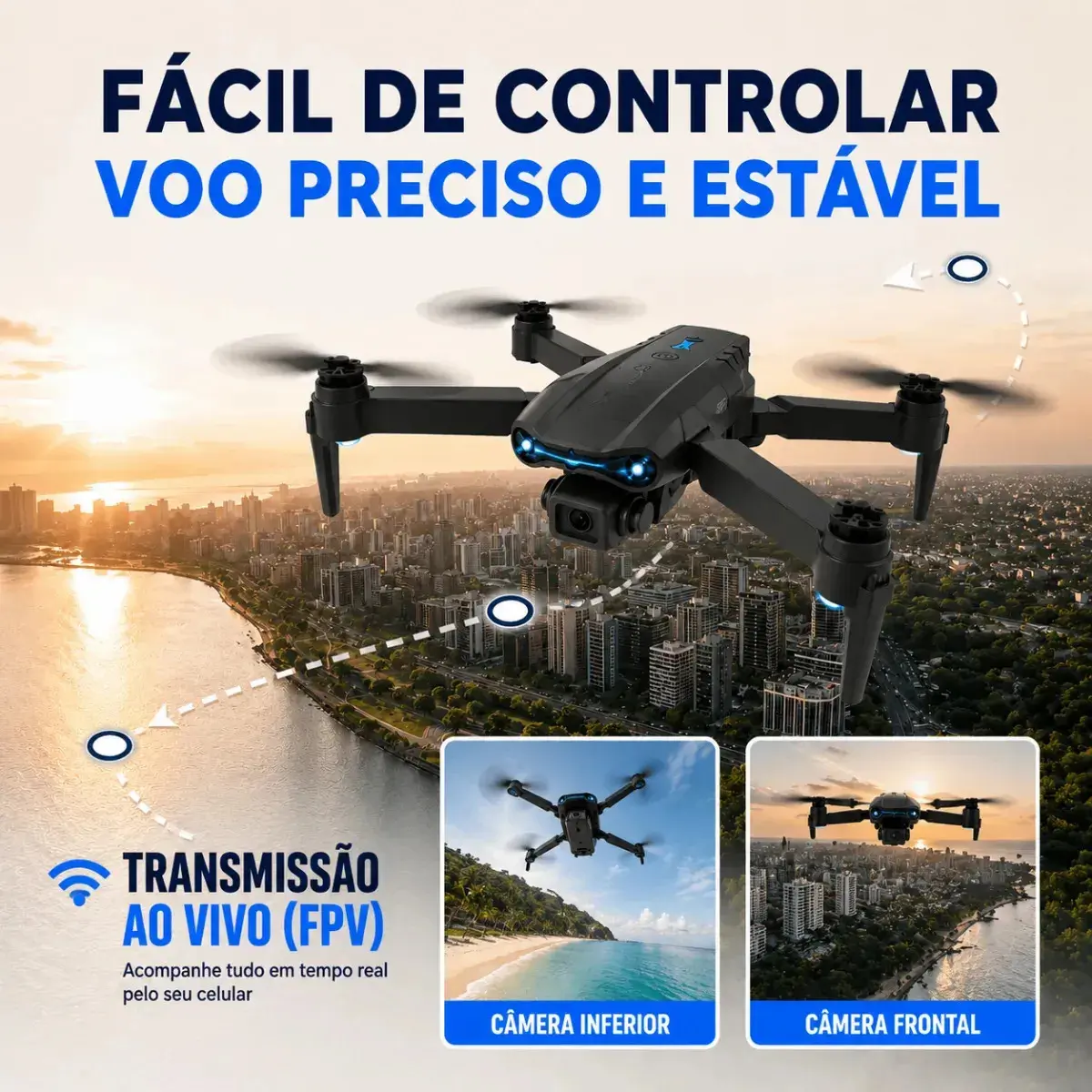 Drone E99 Câmera Dual 4k Sensor Obstaculos Manobras Com Controle Remoto Fpv Estabilidade Estavel 1 Bateria 10 minutos Preto thumbnail 3