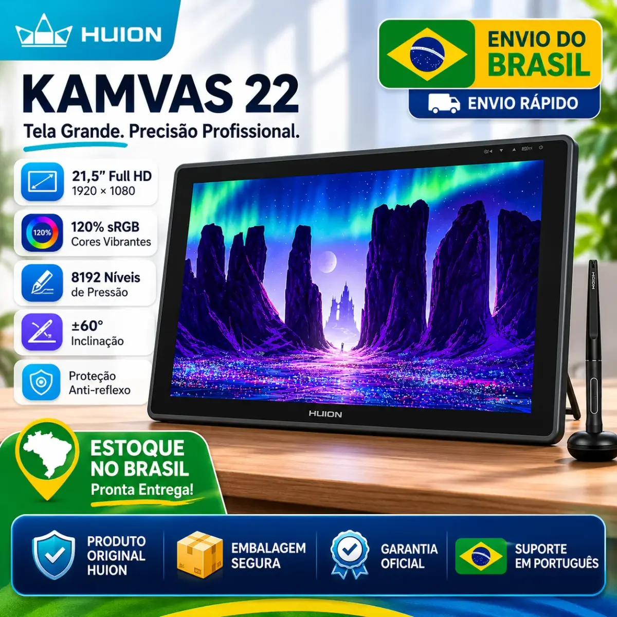 HUION Kamvas 22 Mesa Digitalizadora com Tela 21.5" Full HD | 8192 Níveis de Pressão | Envio do Brasil | Pronta Entrega - 1
