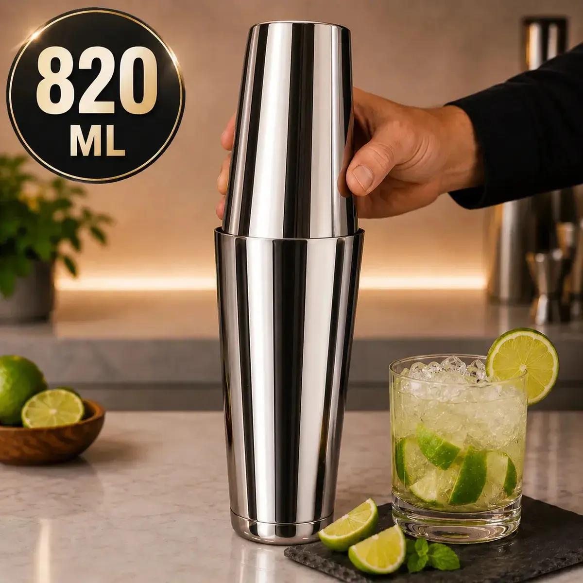 Coqueteleira Boston Profissional 820ml Kit 2 Peças Aço Inox Shaker para Drinks Caipirinha Coquetéis Barman Bartender Bar Festa Sólar