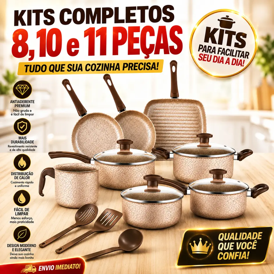 Jogo de Panelas Antiaderente, Kit com 8, 10 ou 11 Peças - Com Tampas de Vidro e Utensílios