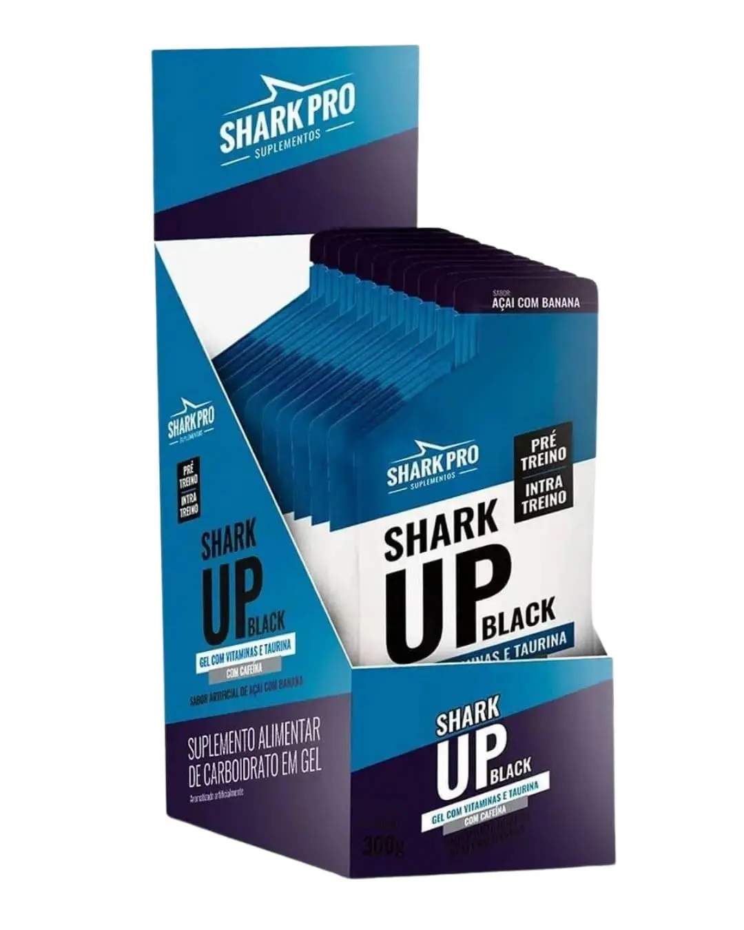 Shark Pro Shark-Up Display 10 Sachês de 30g Gel Energético com Cafeína 75mg Sabor Açaí com Guaraná e Banana Taurina 93mg Carboidratos Vitaminas Complexo B Pré-Treino Endurance Suplemento Alimentar