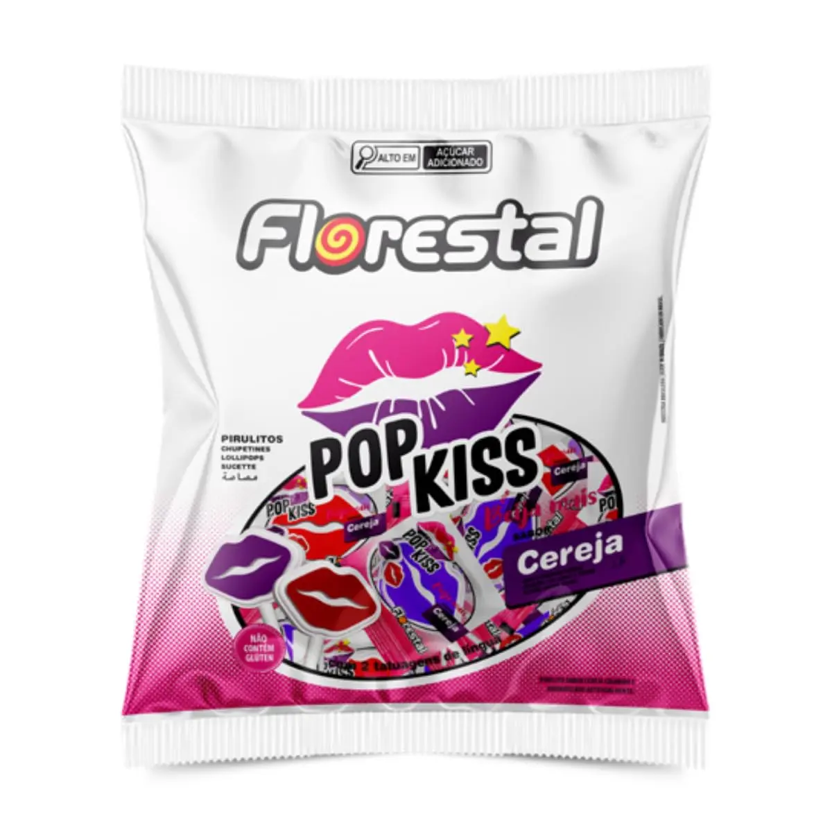 Pirulito Pop Kiss Beija Mais Cereja Florestal 500G Sabor Que Tatua Língua, Roxo, Frases Divertidas De Beijo para Compartilhar Doce E Interativo, Ideal para Festas, Doces Emoções Desde 1936