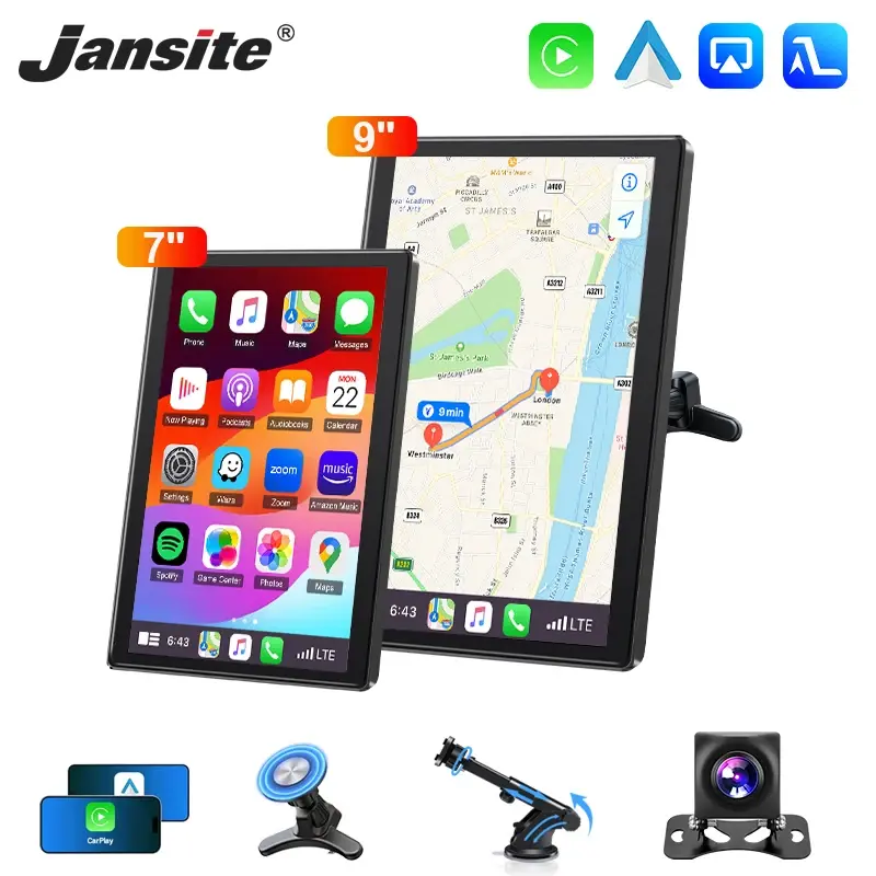 Jansite Rádio de carro com tela vertical de 9 polegadas, reprodutor de vídeo multimídia, sem fio, carplay, android auto, suporte magnético, monitores de carro, gps - 1