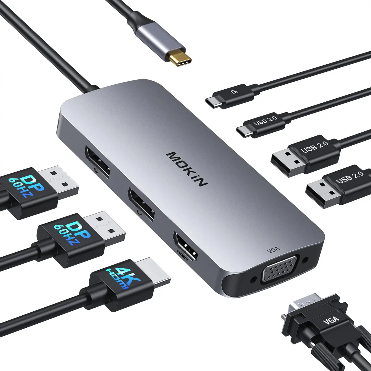Estação de ancoragem USB C, DisplayPort duplo, hub USB 8 em 1 com 2 DP, HDMI, VGA, USB C 2.0, A 2.0, porta de carregamento PD, adaptador de vários monitores para laptops Dell/HP/Lenovo
