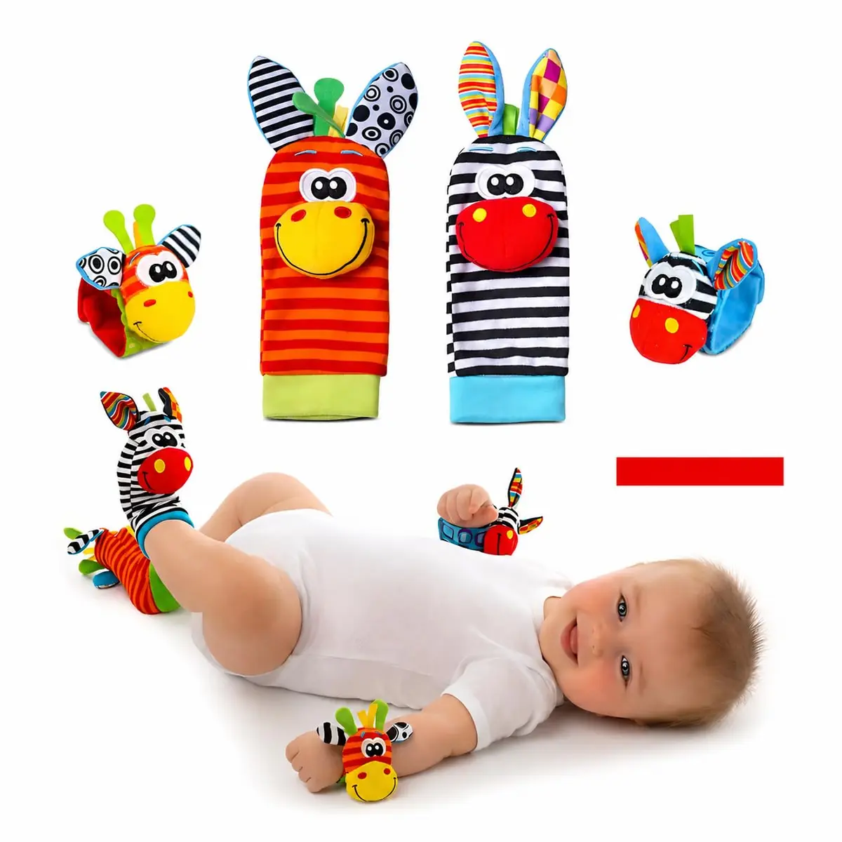 Kit Meias e Pulseiras com Chocalho para Bebê 4 Peças – 2 Meias e 2 Pulseiras Sensoriais, Brinquedo Educativo para Recém-Nascido, Estimula Coordenação Motora e Desenvolvimento, 0 a 12 Meses, Zebrinha