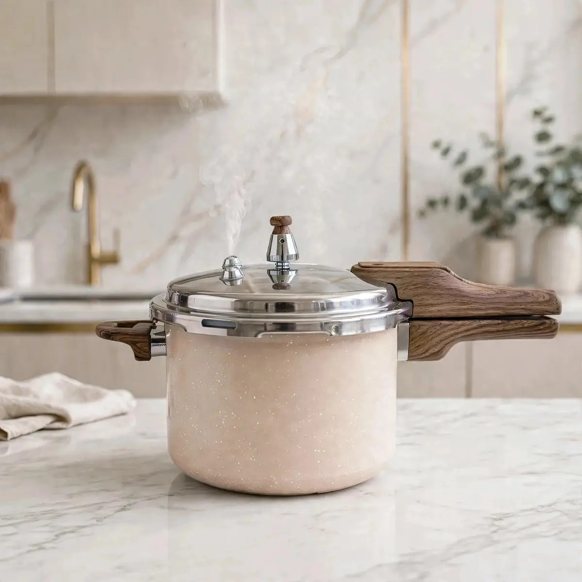Panela de Pressão 4,2L Antiaderente com Fundo Triplo em Inox, Revestimento Cerâmico Marmorizado, Compatível com Indução, Gás, Elétrico e Vitrocerâmico, Design Premium Creme para Cozinha Moderna