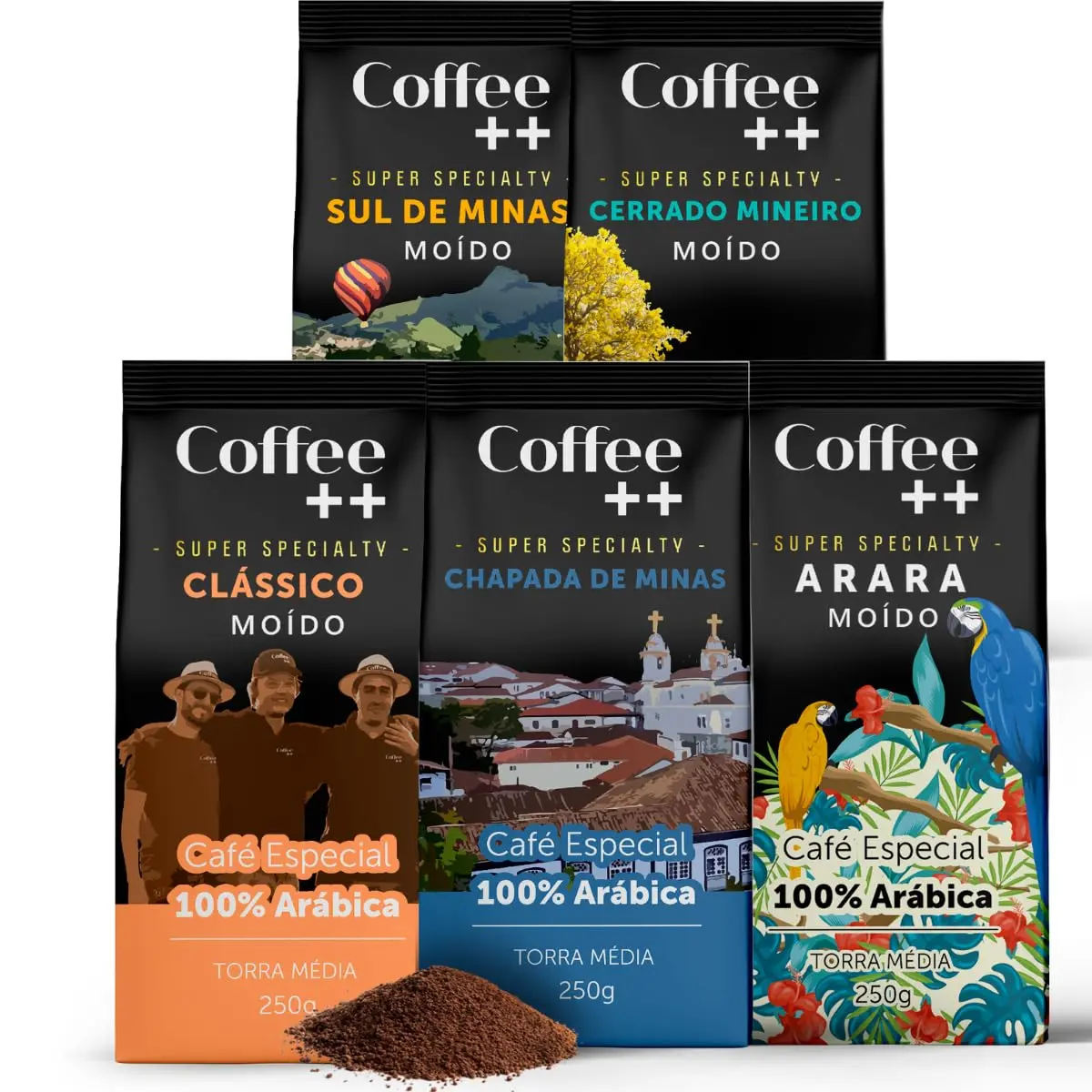 Kit 5 Pacotes Café Especial Torrado e Moído Coffee Mais Variedades: Sul de Minas, Cerrado Mineiro, Clássico, Chapada de Minas e Arara - 100% Arábica (5x250g)