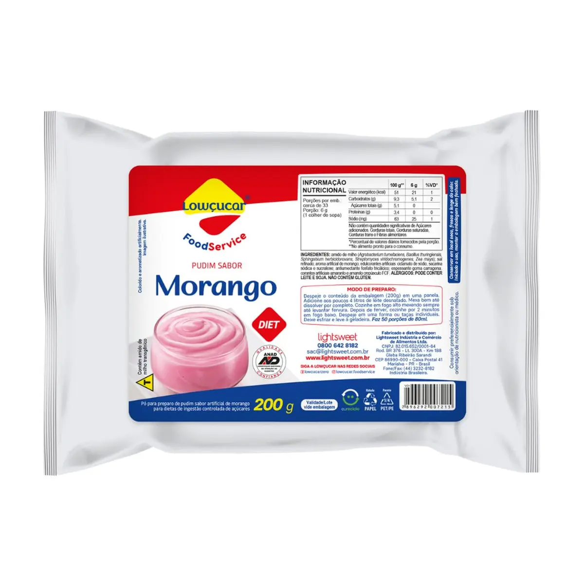 Pudim em Pó Lowçucar Zero Açúcar Sabor Morango, Sobremesa Diet - Pacote 200g