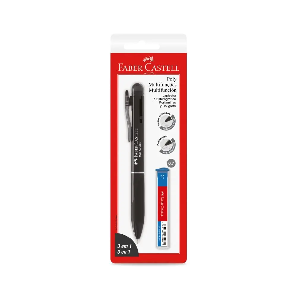 Caneta 3 em 1 Faber-Castell Poly composta por 1 lapiseira 0.7mm, 1 caneta azul e 1 caneta preta Cor Preta+ 1 Tubo de Grafite