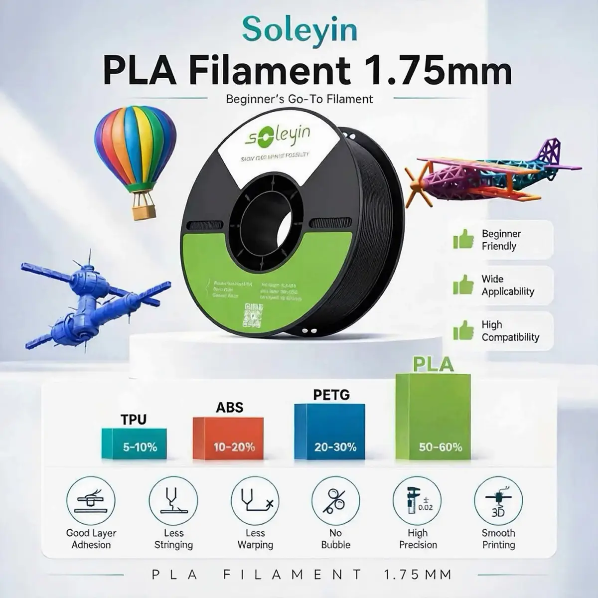 Filamento Creality Soleyin Ultra PLA para Impressora 3D 1.75mm, Velocidade de 300mm/s, Precisão de 0.02mm, Filamento de Resfriamento Rápido Compatível com Todas as Impressoras 3D FDM - 1