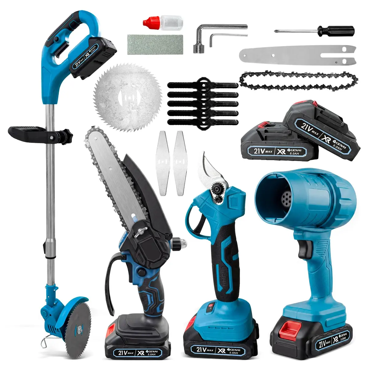 Kit de Serra Elétrica 4 en 1 para Jardim Poda de Árvores com 2 Baterias 21V | Motoserra com Lâmina Serra 6''e 8", Roçadeira com Acessórios, Soprador de Folhas e Tesoura Elétrica de Poda - 1