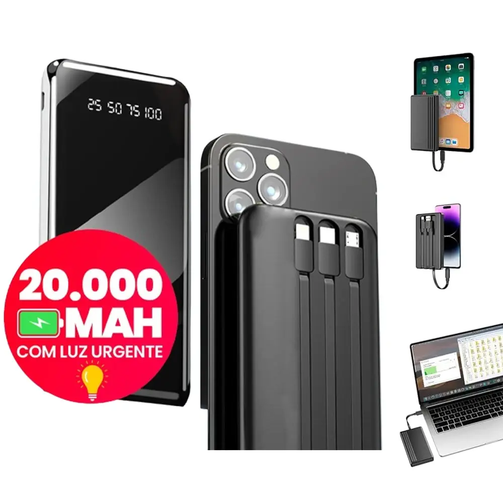 Power Bank 20000mAh com Lanterna LED, Alta Capacidade, Recarregável e Portátil, Ideal para Camping, Emergências e Celular