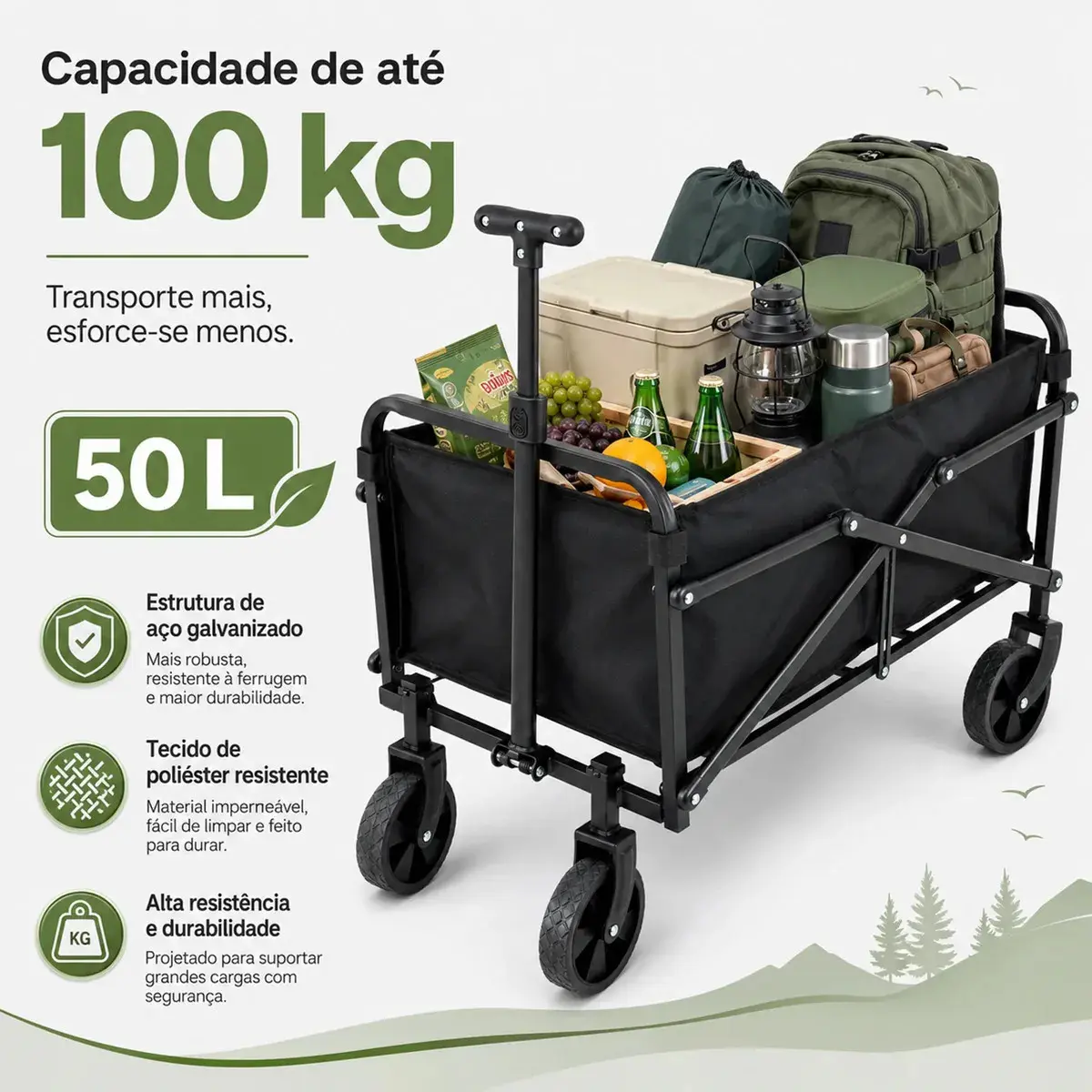 Carrinho Dobrável Multiuso 100kg 50l, Carrinho De Camping Praia Feira Compras Com Rodas, Wagon Utilitário Para Transporte Piquenique thumbnail 3