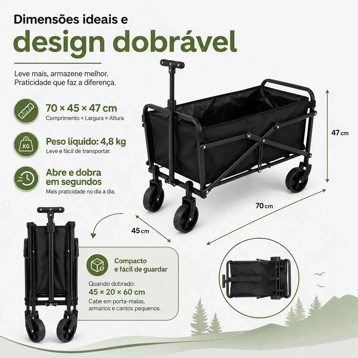 Carrinho Dobrável Multiuso 100kg 50l, Carrinho De Camping Praia Feira Compras Com Rodas, Wagon Utilitário Para Transporte Piquenique thumbnail 7
