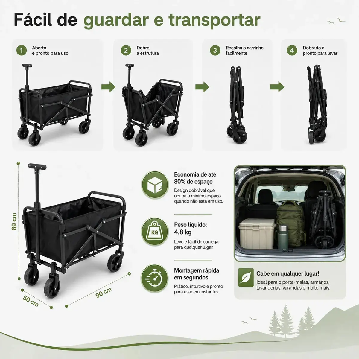 Carrinho Dobrável Multiuso 100kg 50l, Carrinho De Camping Praia Feira Compras Com Rodas, Wagon Utilitário Para Transporte Piquenique thumbnail 9