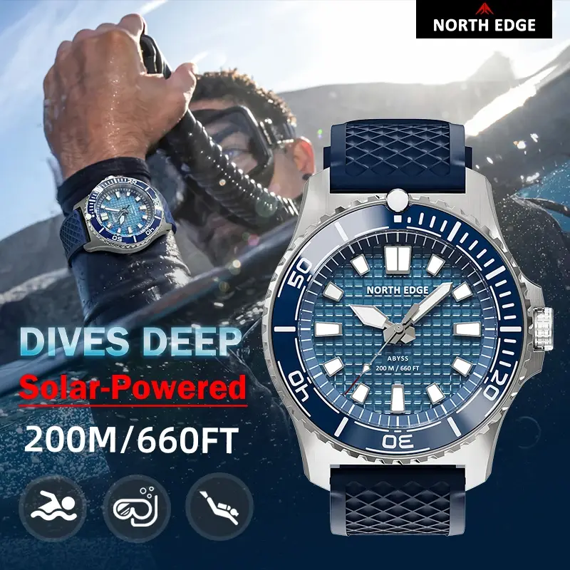 Relógio de Quartzo Masculino NORTH EDGE ABYSS, Relógio de Luxo com Energia Solar, 200M à Prova d'Água, Relógios Esportivos para Mergulho, Caixa de Aço 316L, 180+ Dias de Energia