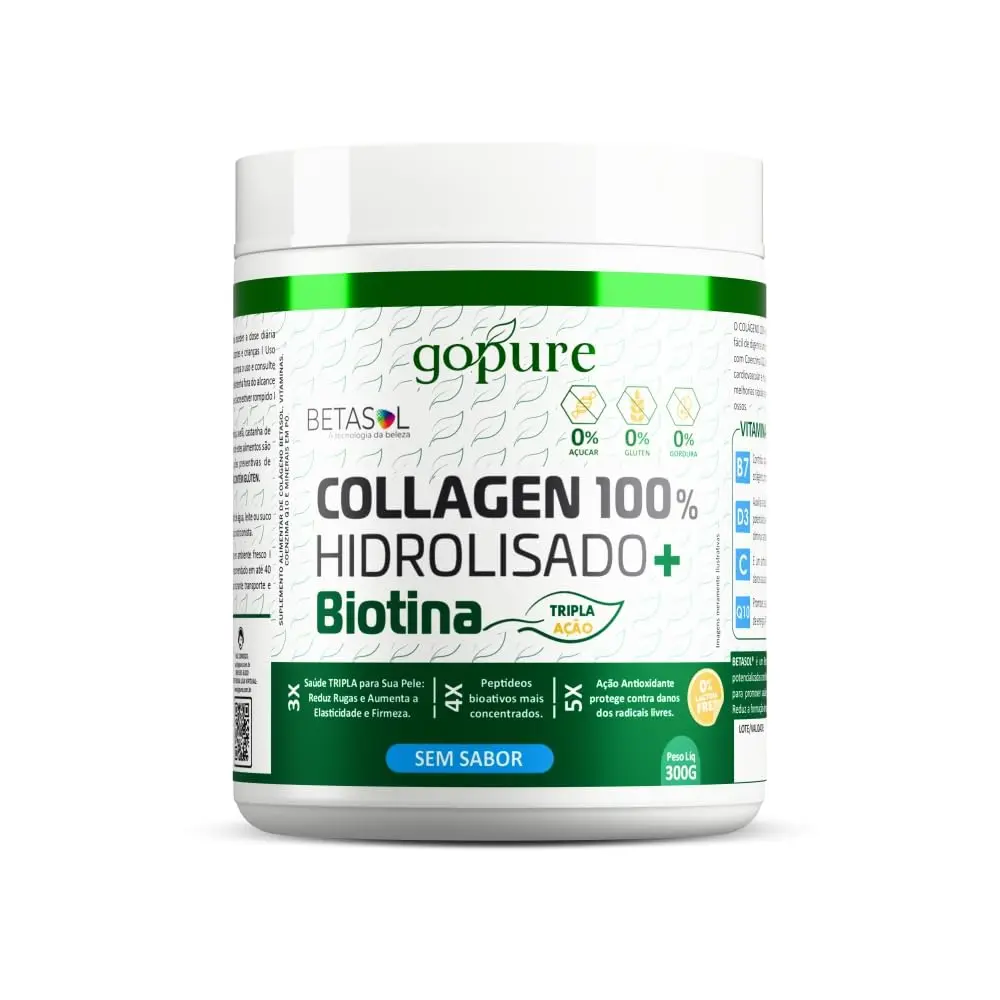 GoPure Collagen (Colágeno) Hidrolisado 300g com Biotina e Vitaminas – Tripla Ação – Suplemento Alimentar em Pó – Sem Sabor
