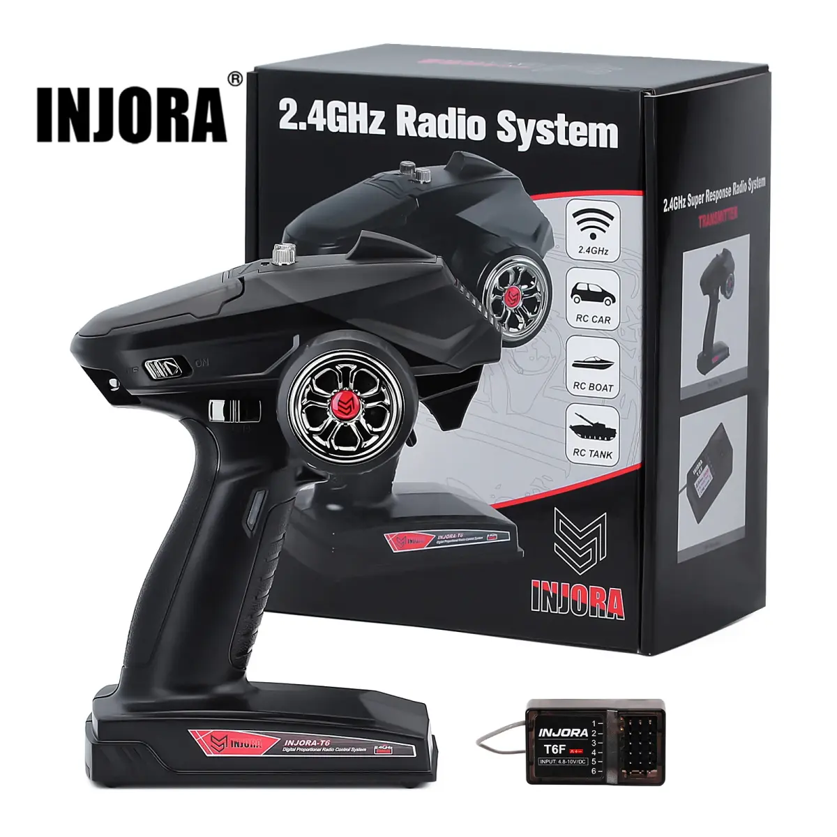 Injora 2.4ghz controle remoto 6ch transmissor de rádio digital com receptor giroscópio t6f t6fg para 1/8 1/10 rc carro barco tanque rastreador