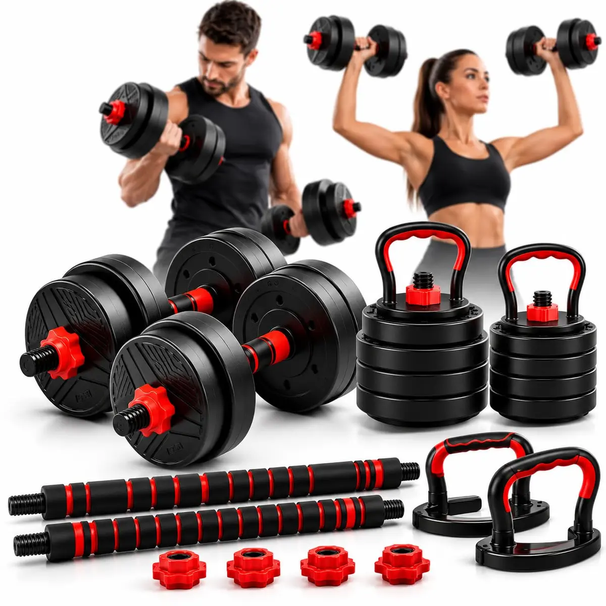 Kit Haltere 6 em 1 Ajustável até 15kg com Barra e Kettlebell