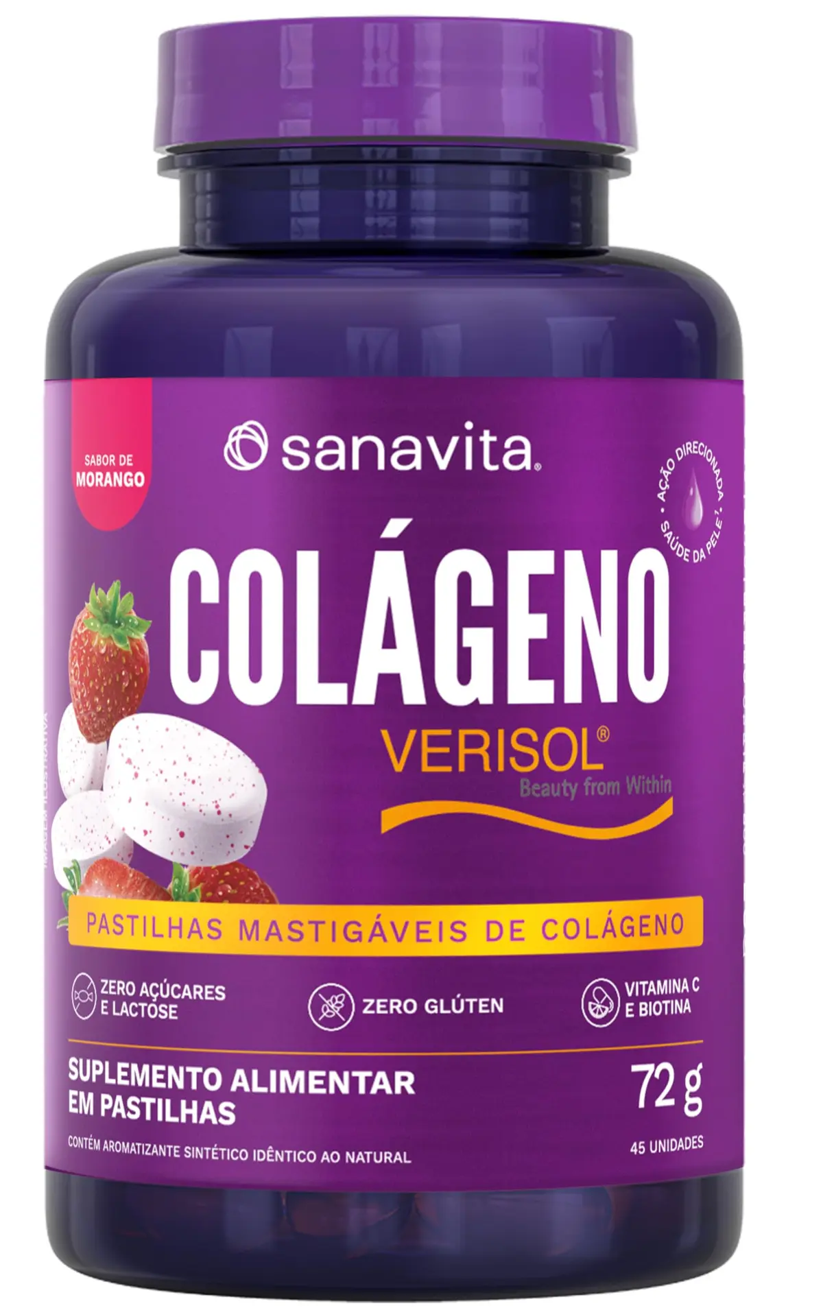 Colágeno Mastigável Sanavita Sabor Morango. 72g | 15 Porções