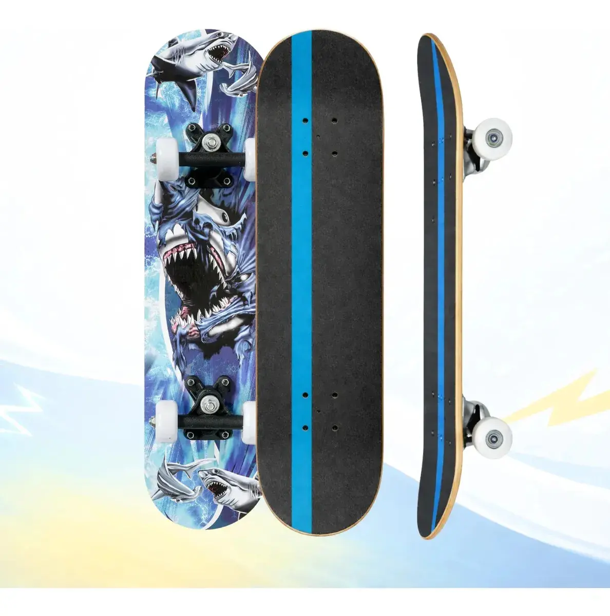 Skate Infantil Radical Iniciante Menina Menino 60 Cm Tuba Tubarão Azul