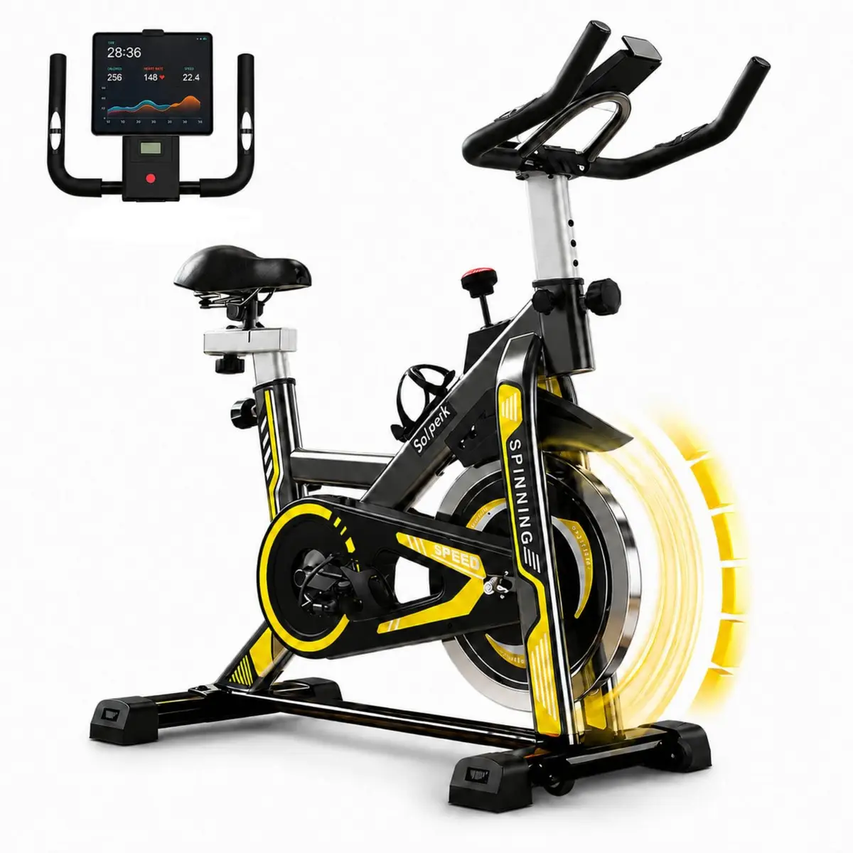 Bicicleta Ergométrica Spinning com Volante de 8kg-15kg, Silenciosa, 120kg | Assento e Guidão Ajustáveis, Monitor Digital 5 em 1, Pedais com Firma-Pé e Porta-Garrafa
