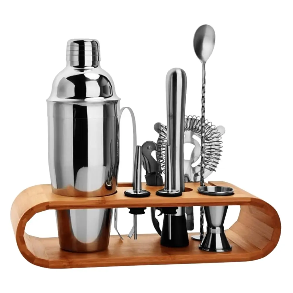 Kit Coqueteleira Inox 12 Peças com Suporte de Madeira – Completo para Drinks, Caipirinha e Coquetéis Profissionais