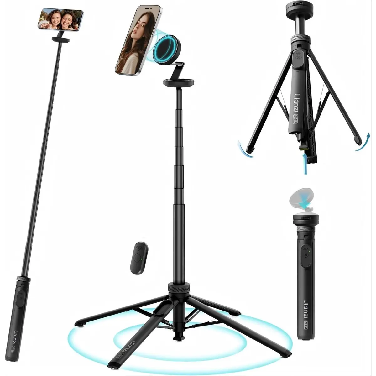 ULANZI MT85 Tripé Magnético, 150cm, Abertura Automática, Base 4 Pernas Estabilizadora, Suporte Smartphone, Controle Bluetooth, Leve 385g, Compatível com iPhone 17-12 e Samsung MagSafe, Preto