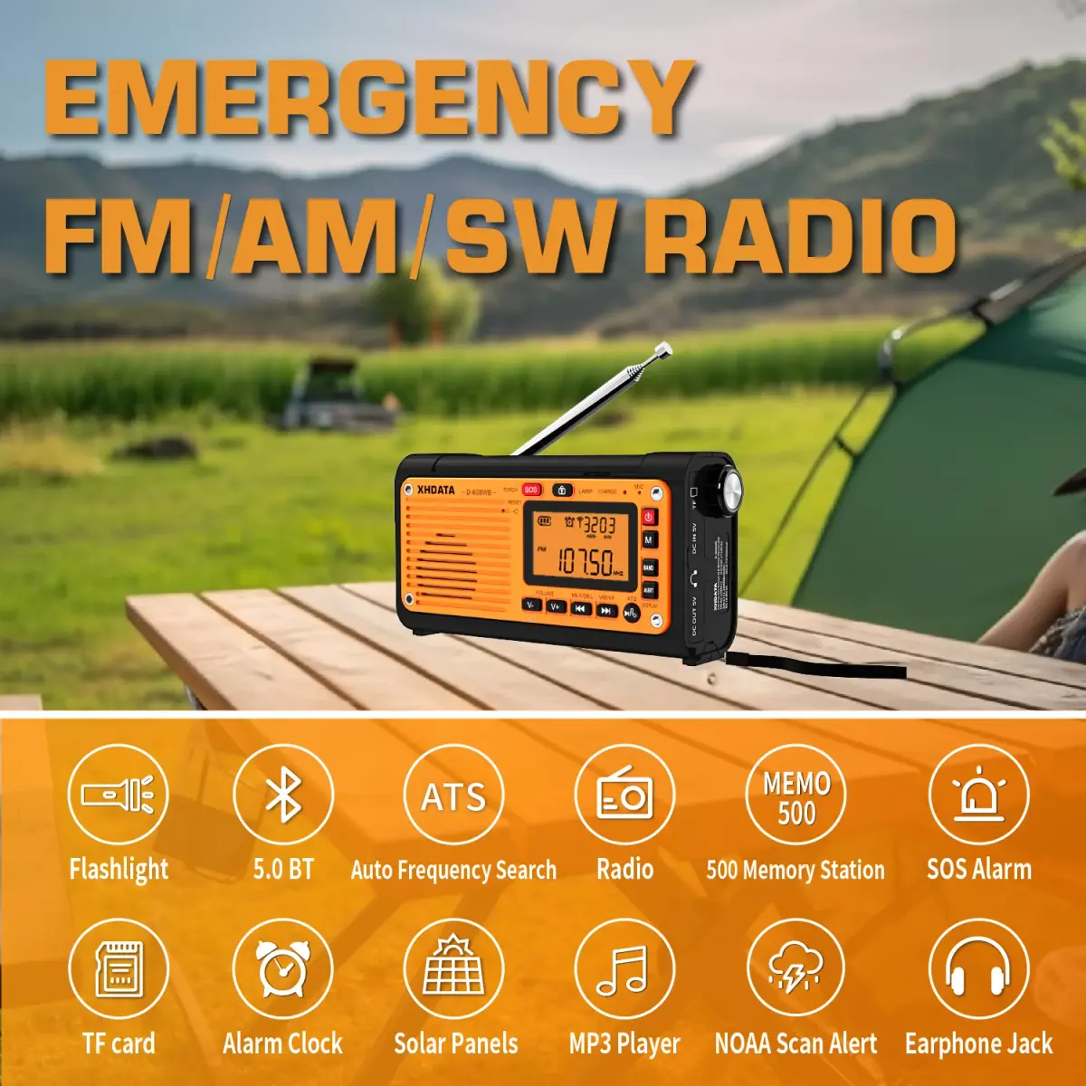 XHDATA D 608WB Radio Emergencia Com Manivela Solar FM SW WB NOAA Alerta Climatico Bluetooth Carregamento Celular Isento de Taxas Sobrevivencia Envio Direto BR Entrega Rapida - 1