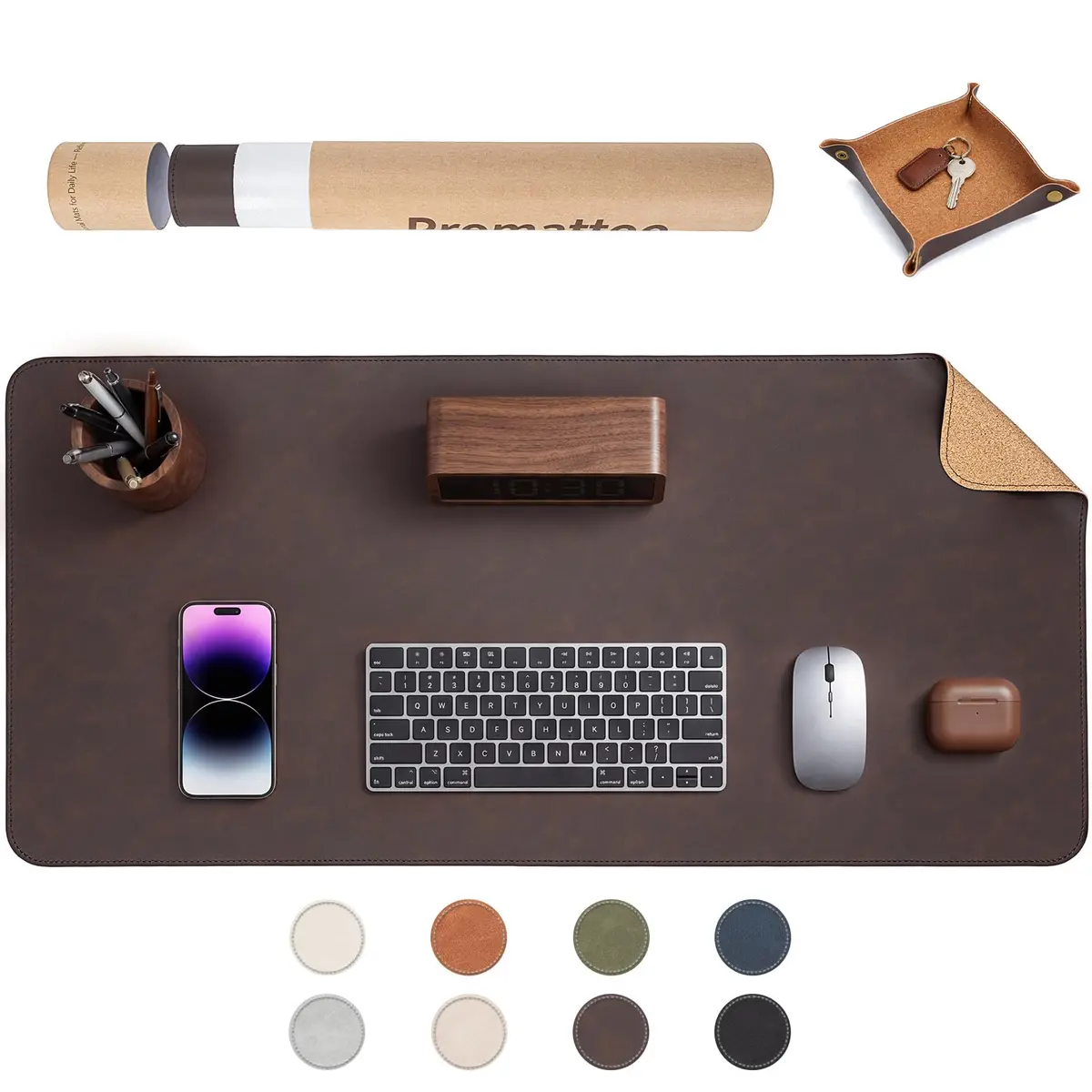 Tapete de mesa grande PROMATTOO dupla face 80x40 cm, com bandeja e tubo | Couro sintético vintage e lado cortiça; para teclado, mouse e notebook, anti-respingos, antiderrapante, Cor: Marrom Espresso