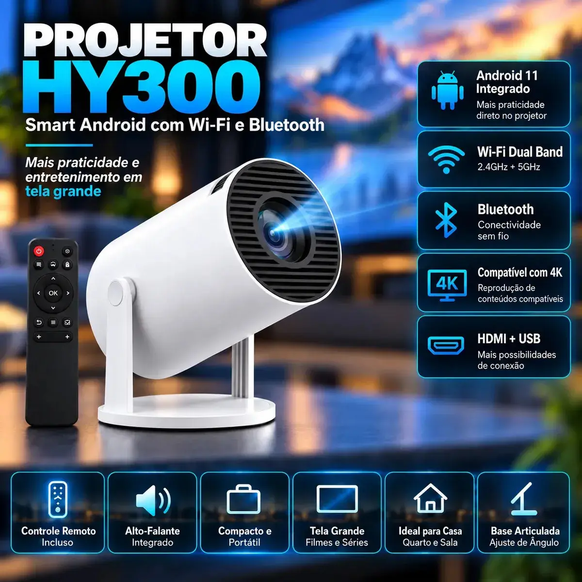 Projetor Portátil HY300 Hardline Mini 4K Compatível Android 11 Wi-Fi 5G Bluetooth Smart Portátil Rotação 180° Tela Grande para Filmes Séries Jogos Aulas e Apresentações Home Theater Cinema - 1