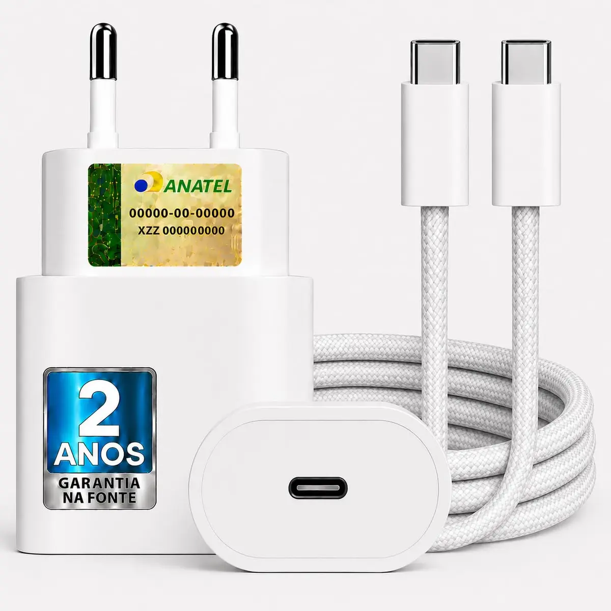 Carregador Turbo 25w Com Cabo Tipo C 1 Metro Trançado Branco Fonte De Carregamento Turbo, Alta Potência, Seguro E Compatível Com Iphone 15 16 17 e TODOS DISPOSITIVOS USB-C