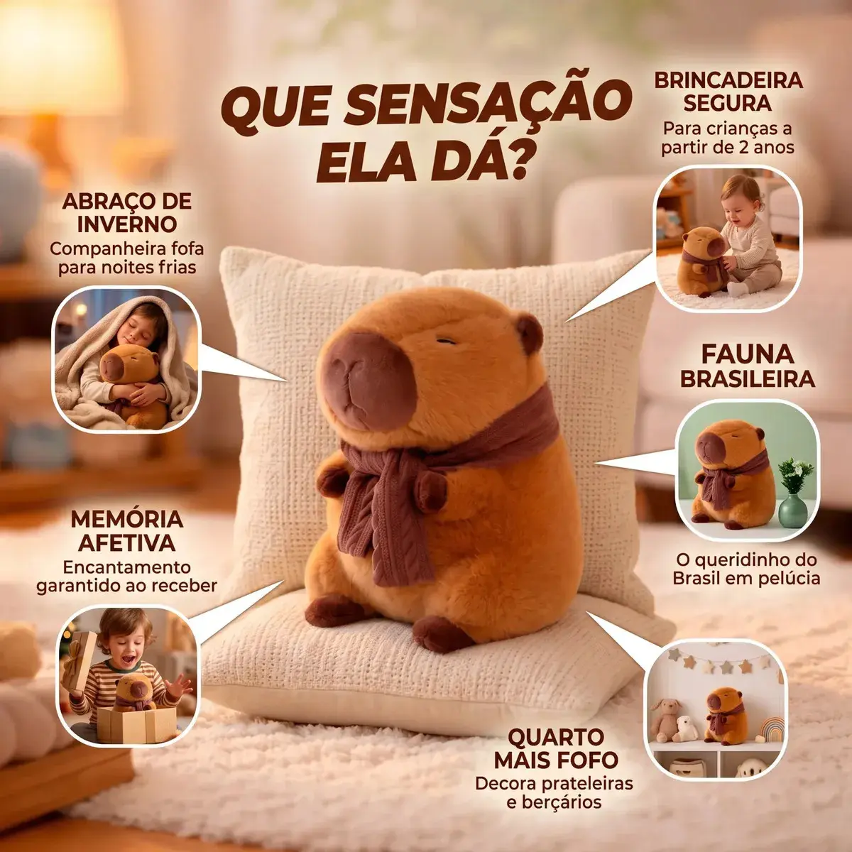 Pelúcia Capivara Cachecol Inverno Marrom Boneco Capybara Capibara Filó Bicho De Pelúcia Ursinho Brinquedo Animal Decoração Enfeite Quarto Dormitório Infantil Colecionável Presente Brasiliana Tech thumbnail 3