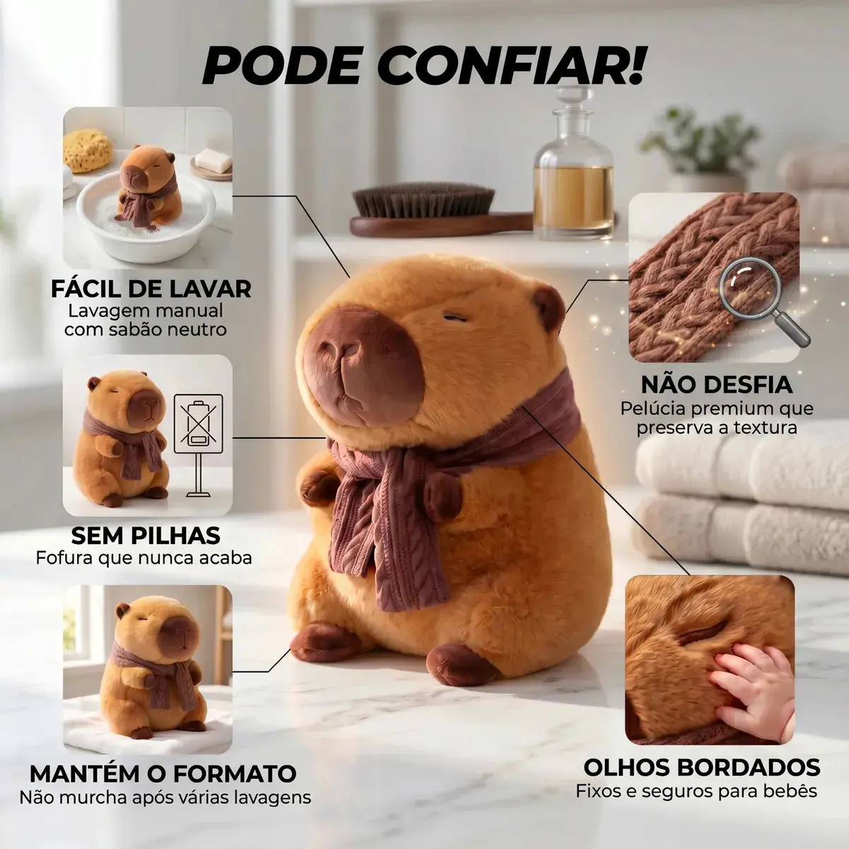Pelúcia Capivara Cachecol Inverno Marrom Boneco Capybara Capibara Filó Bicho De Pelúcia Ursinho Brinquedo Animal Decoração Enfeite Quarto Dormitório Infantil Colecionável Presente Brasiliana Tech thumbnail 4