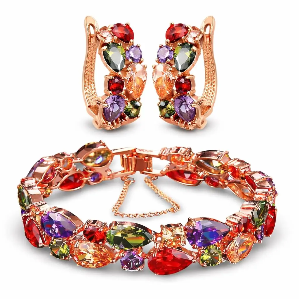 Kit Luxo Coordenado Colors – Brinco Vibrant Colors + Bracelete Elegant – Brilho Premium, Look Completo e Presente Pronto com 2 Bolsas de Veludo