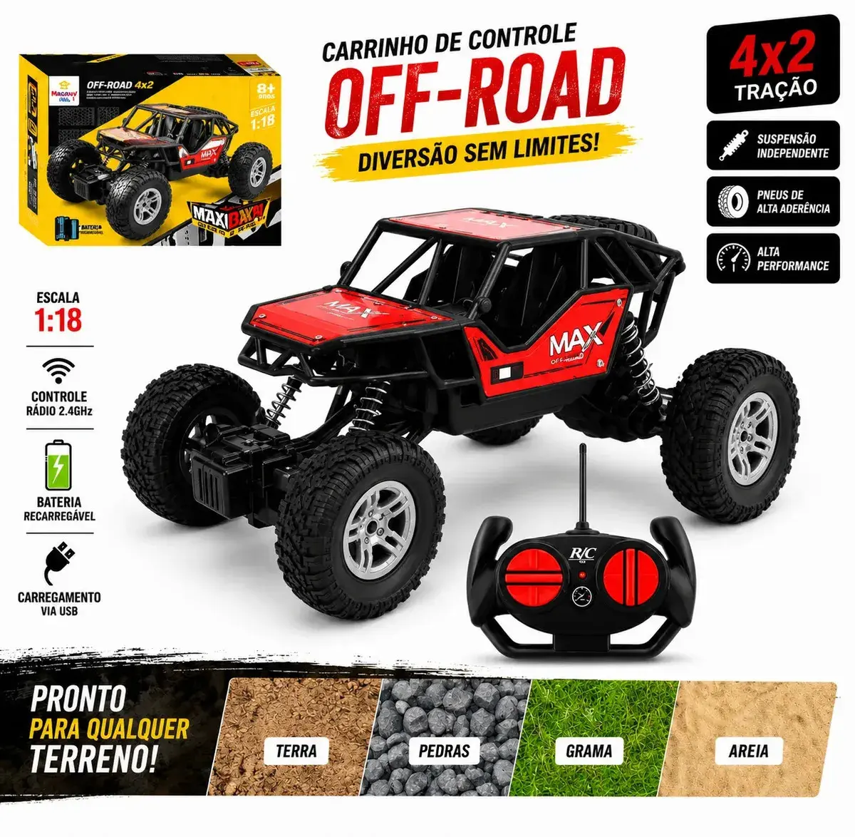 Carrinho Controle Remoto Recarregavel Rally Binquedo Jipe Max Carro Bateria Off Road Big Foot Estilo 4x4 Infantil Trilha LoveLaland - 1