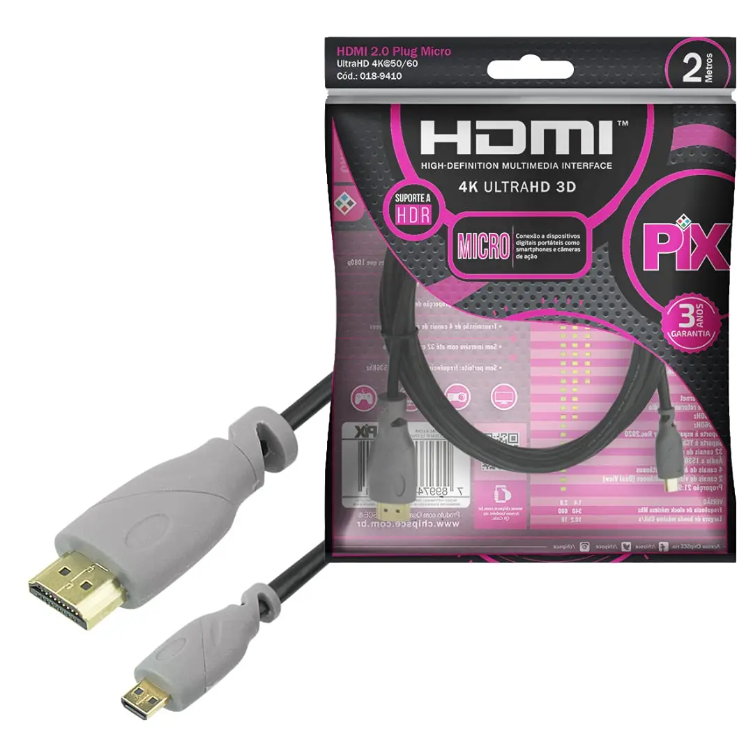 PIX Cabo Micro HDMI X HDMI 2.0 4K ULTRAHD, 2 Metros