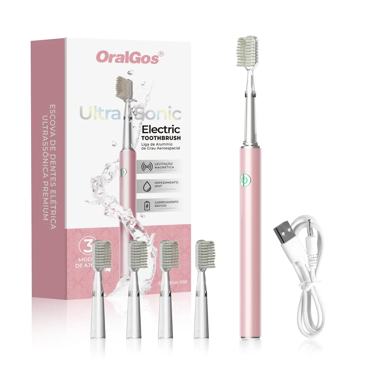 OralGos Escova de Dentes Elétrica Sônica para Adultos, Cerdas Macias, 3 Modos de Limpeza, 4 Cabeças Extras, Recarregável USB, IPX7 à Prova d’Água (Ouro Rosa)
