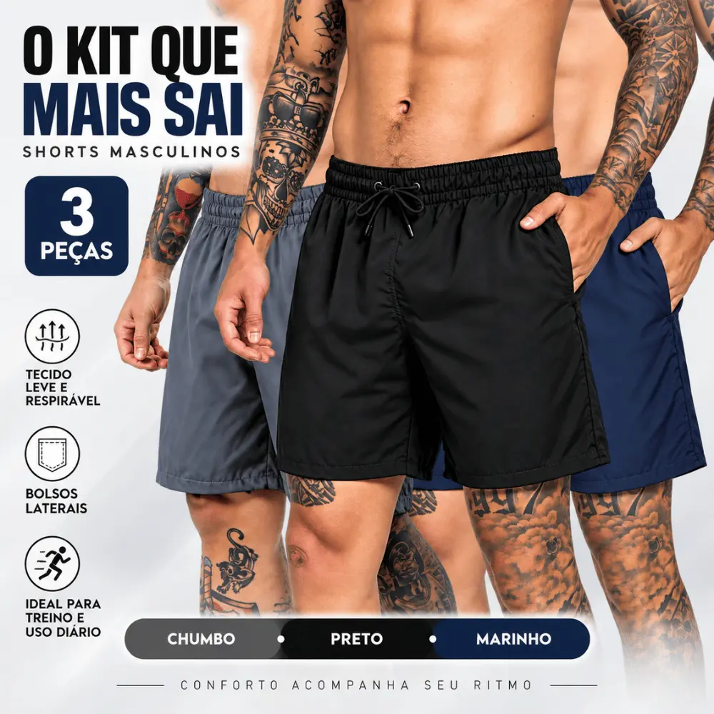 Kit 3 Shorts Tactel Masculino com Elastano Academia Corrida Caminhada Treino Bermuda Esportiva - 1