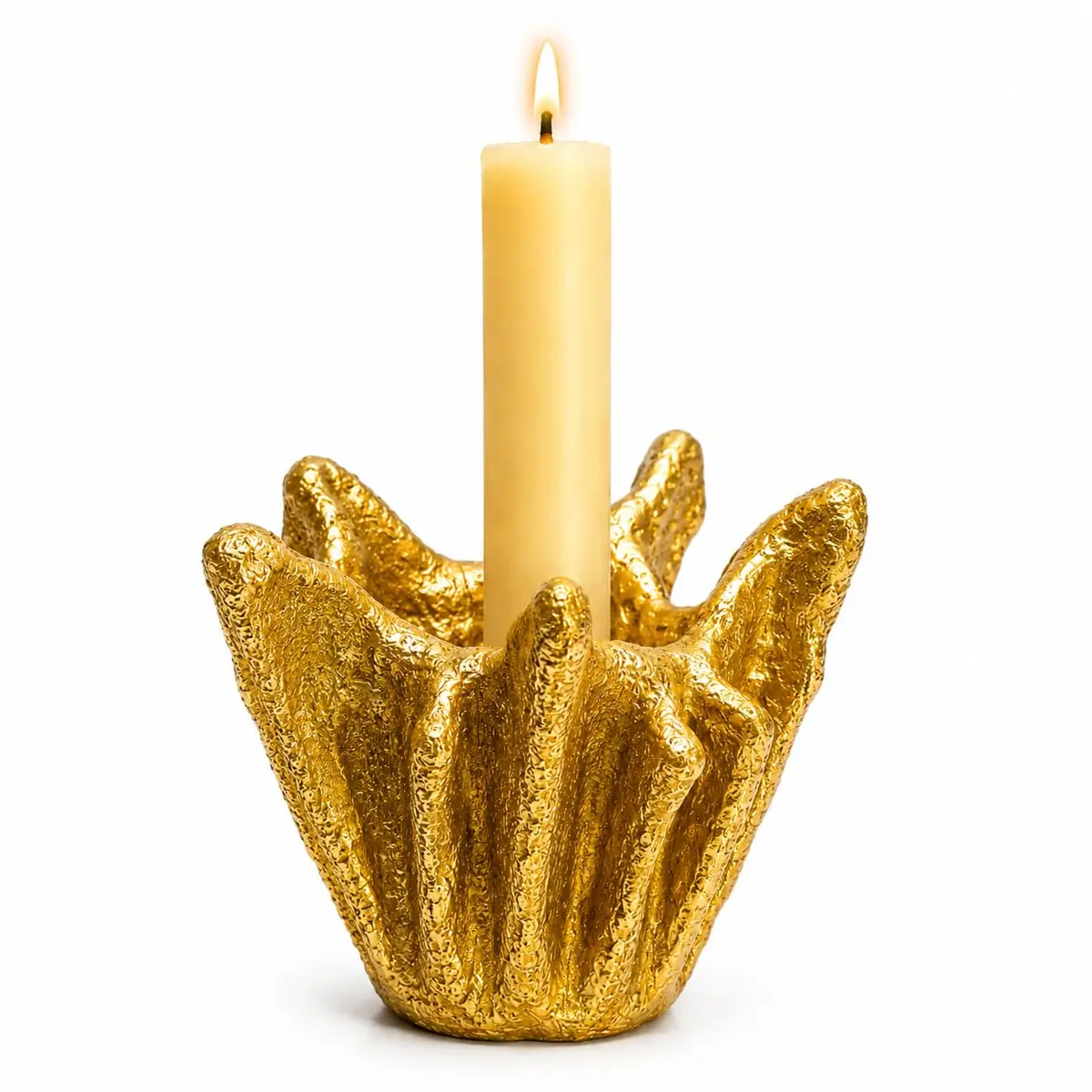 Porta Vela Decorativo Artesanal de Cimento Feito a Mão | Castiçal Moderno Resistente para Velas Finas e Grossas | Enfeite Premium para Sala, Mesa e Flores (Dourado)