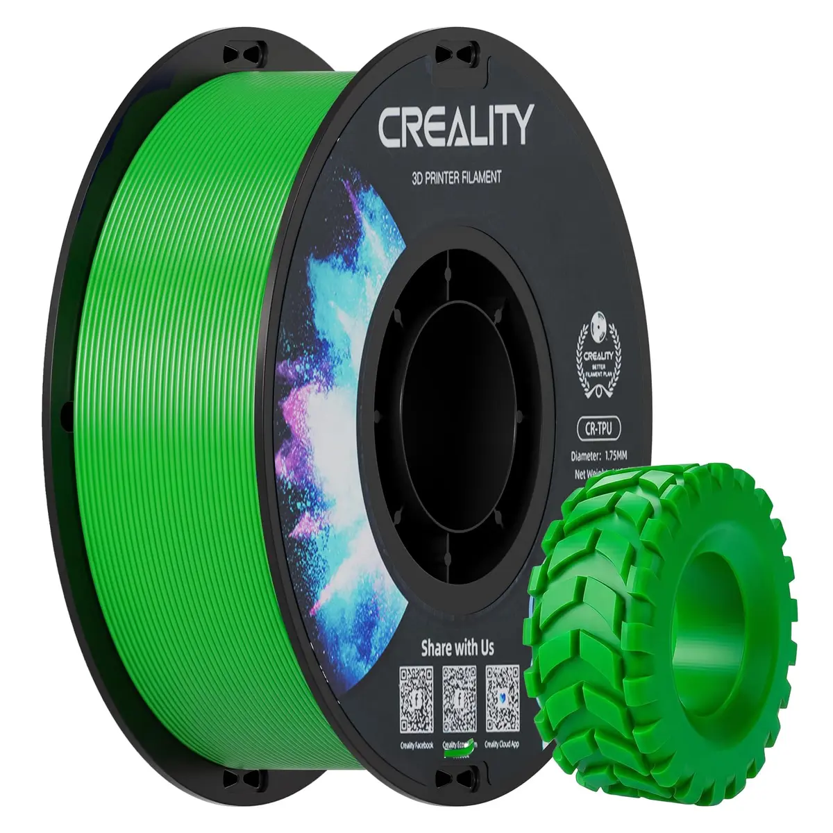 Creality Filamento de impressão 3D TPU 1,75 mm, alta resiliência, material adesivo macio, elástico, 1 kg (2,2 lbs) Filamento TPU 1,75 para impressora 3D (verde)