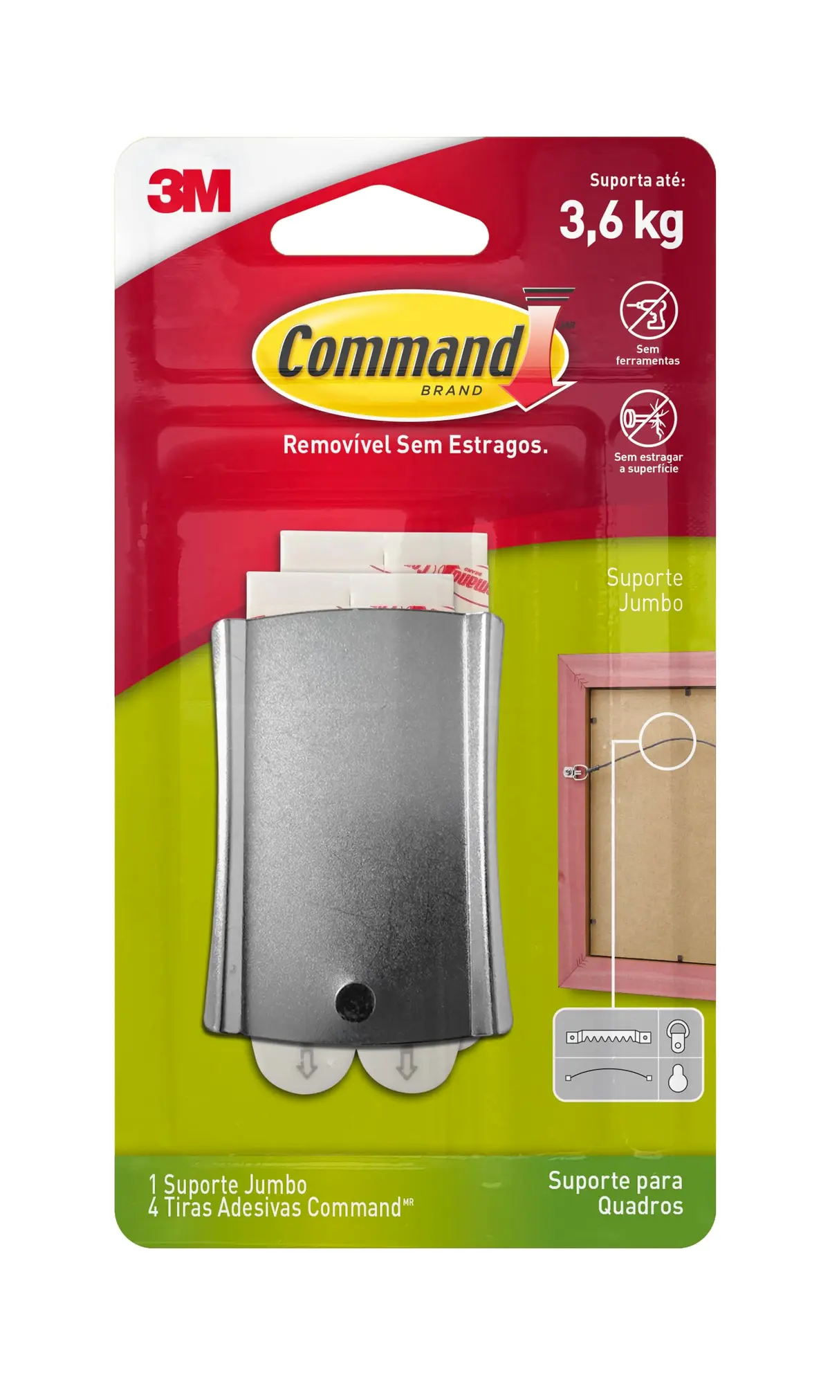 COMMAND 3M Suporte para Quadros Adesivo Removível Jumbo Metálico 1 Unidade | Suporta Até 3,6 kg, Fácil de Aplicar e Remover, Ideal para Decorar e Pendurar Quadros sem Sujeiras ou Furos na Parede