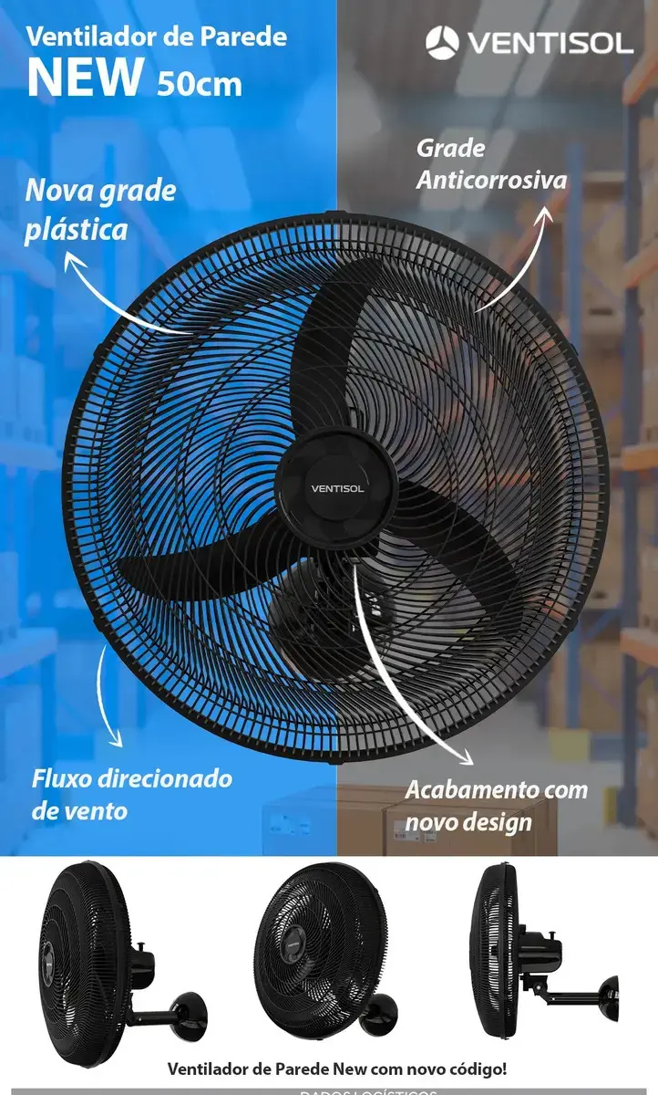 Ventilador De Parede Ventisol New Azul 3 Velocidades Estrutura Preto Diâmetro 50 Cm Material Das Pás Plástico thumbnail 4