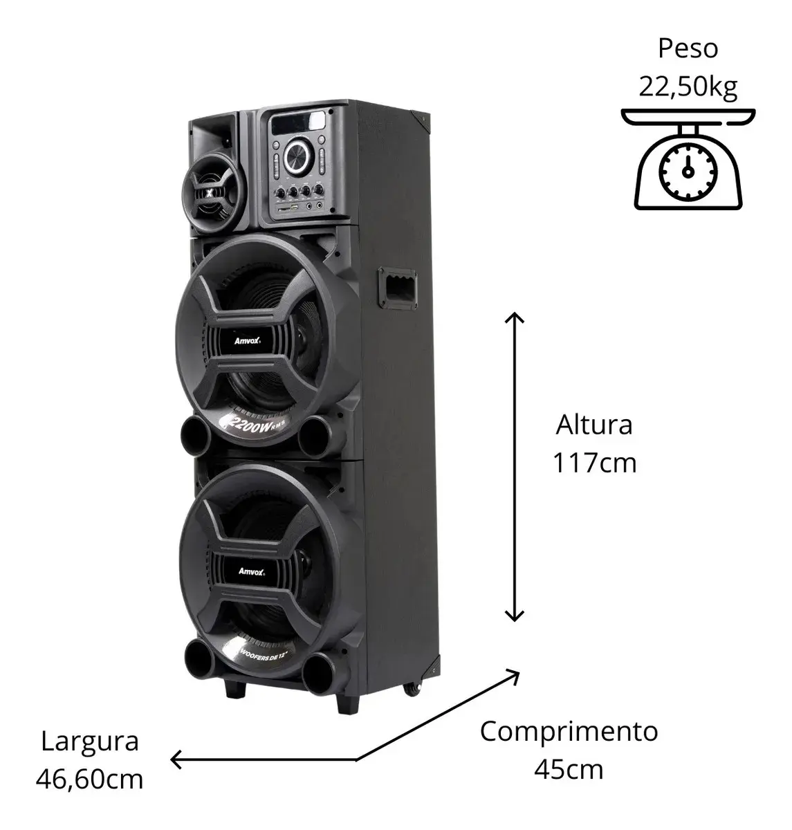 Caixa de Som Amplificada Amvox ACA 2201 Pesadão Black 2200W Woofer 12" Bivolt thumbnail 2
