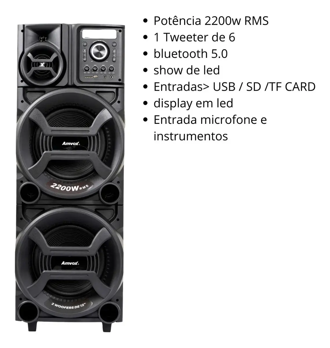 Caixa de Som Amplificada Amvox ACA 2201 Pesadão Black 2200W Woofer 12" Bivolt thumbnail 4