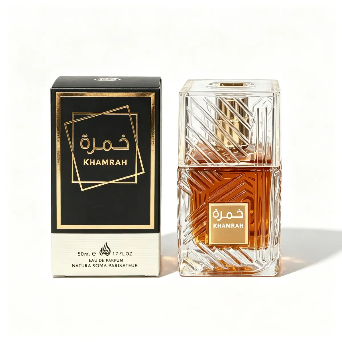Khamrah Universal Eau de Parfum 50ml, uma fragrânciaoriental amadeirada com aroma duradouro, ideal para festas e para presentear