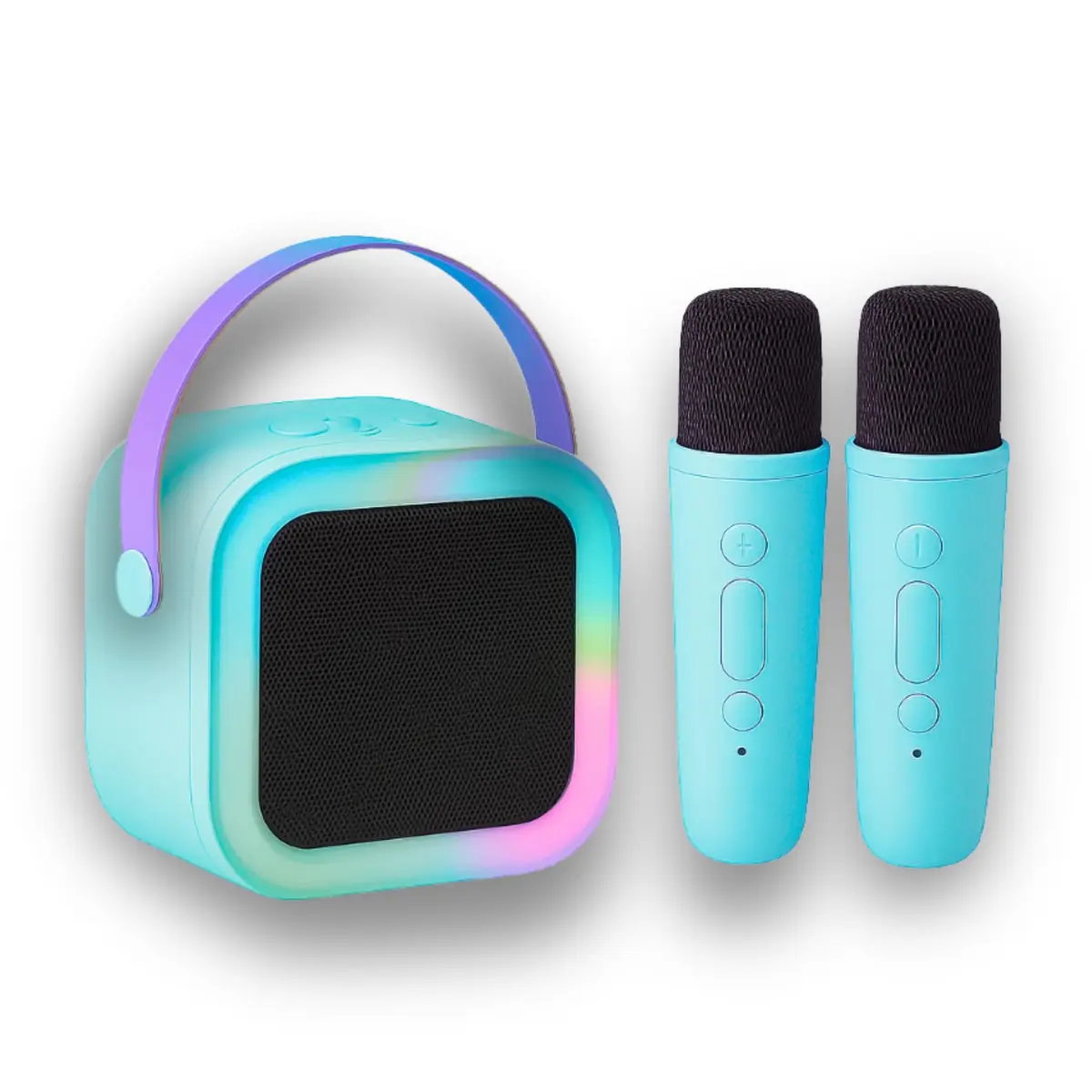 Karaokê Infantil Portátil com LED, Caixa de Som Bluetooth, 2 Microfones Sem Fio, Recarregável, Modos de Voz Divertidos (Azul)