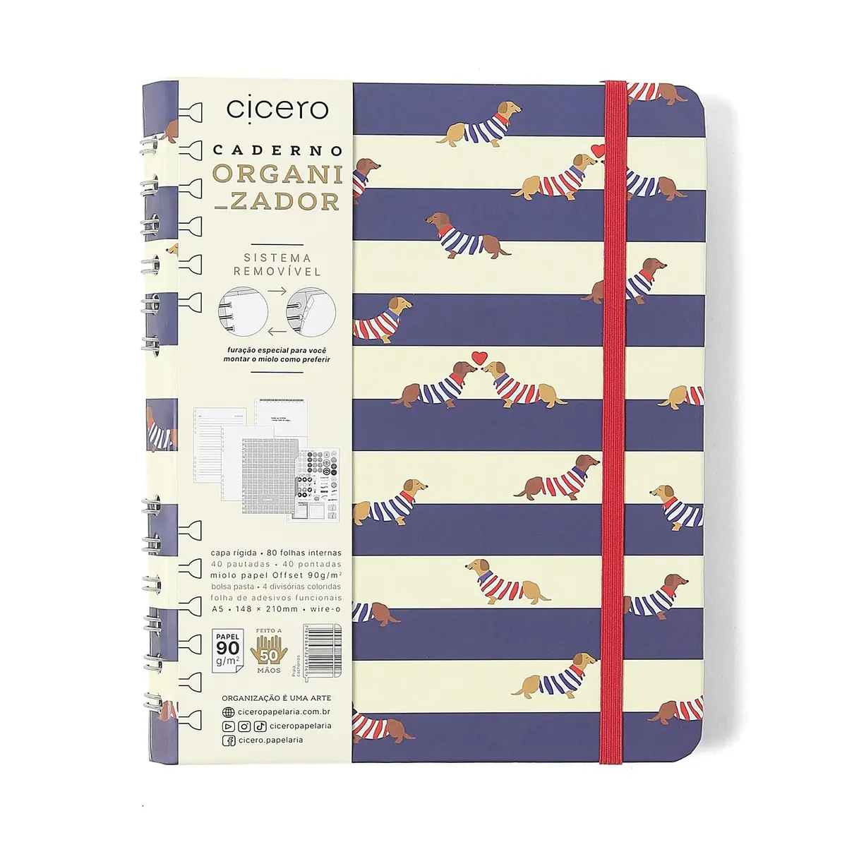 Caderno Organizador Cicero - 14x21, A5 - Sistema de Folhas Removíveis | Miolo Duo Pautado e Pontado | Capa Dura com Elástico, 80 Folhas Offset 90g/m², 4 Divisórias, Wire-o | PRAIA